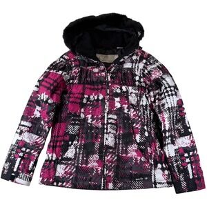 Body Glove Girls 14 Ski Coat Pink Black Faux Fur Hood Winter Jacket Vintage VTG